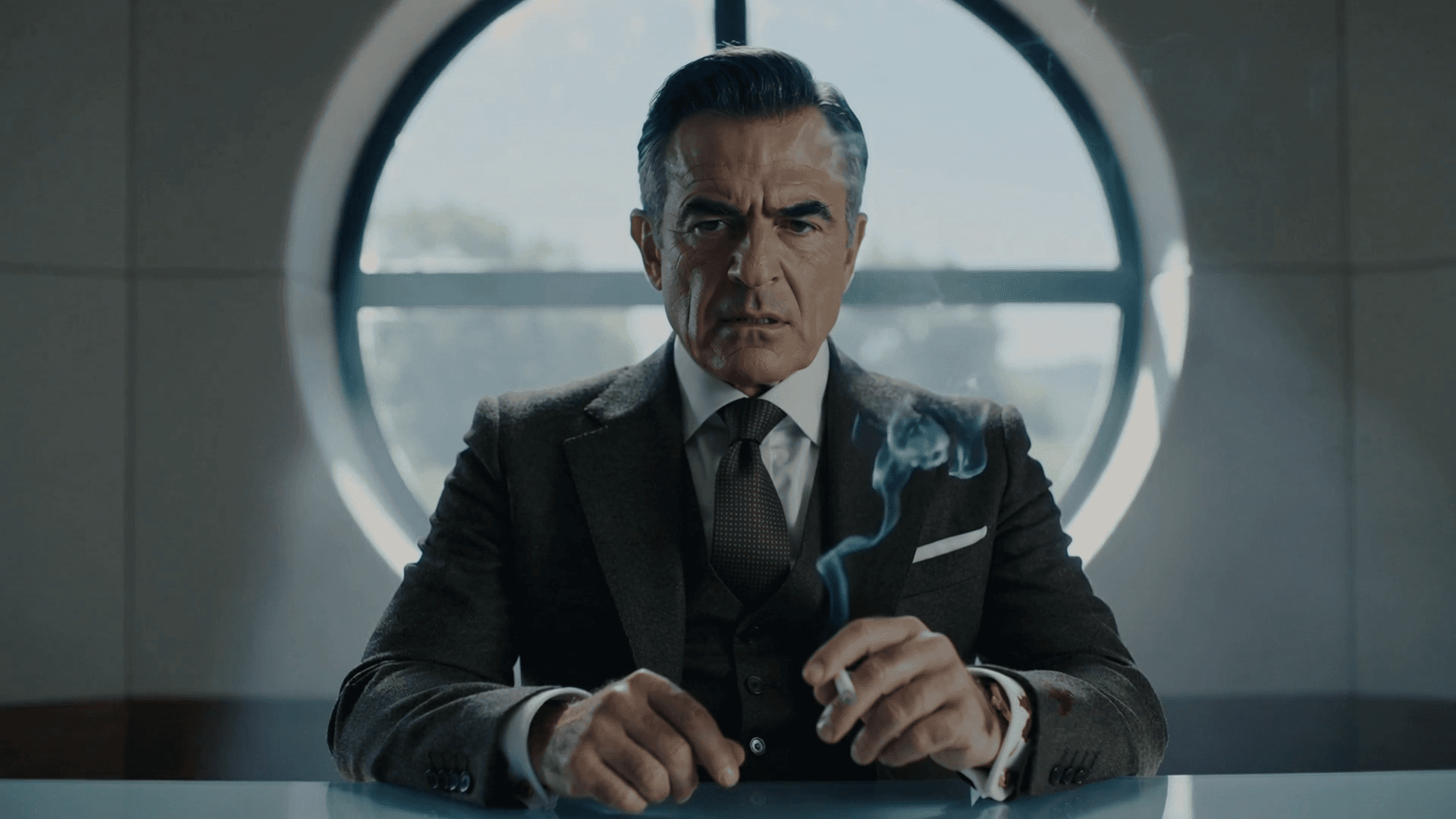 A powerful aging man sits alone at a desk in a modernist office. He wears a tailored dark suit perfectly composed his posture calm and authoritative. A lit cigarette rests between his fingers smoke curling slowly into the air. His face is unreadable at first — stoic practiced distant. Off-screen to camera right something violent unfolds. We never see it. We only hear the faint suggestion — movement a muffled struggle a sharp final sound. The man does not turn his head. His gaze stays fixed forward eyes slightly unfocused as if watching through memory rather than sight. A sudden fine spray of blood lands on his shirt cuff and lapel — subtle almost abstract. The contrast against the fabric is immediate and disturbing. He notices it a beat later. His expression tightens. Not fear — disgust. His eyelids squeeze shut for a brief moment as if trying to erase the image from his mind. His jaw clenches. The cigarette trembles slightly between his fingers before he regains control. He exhales smoke through his nose slow and deliberate. The room feels heavier now. The smoke drifts across his face softening his features blurring the line between control and revulsion. He opens his eyes again. Composed. Empty. The moment has passed but the stain remains. Camera: Locked-off medium shot; no camera movement; tension carried entirely through performance and atmosphere. Color Palette: Cold greys muted blues desaturated skin tones faint warm tobacco embers. Texture: Wool suit fabric smoke diffusion window glare skin pores quiet dust in the air. Tone: Cold moral detachment fractured by human disgust. Emotion: Power without mercy; control strained by consequence