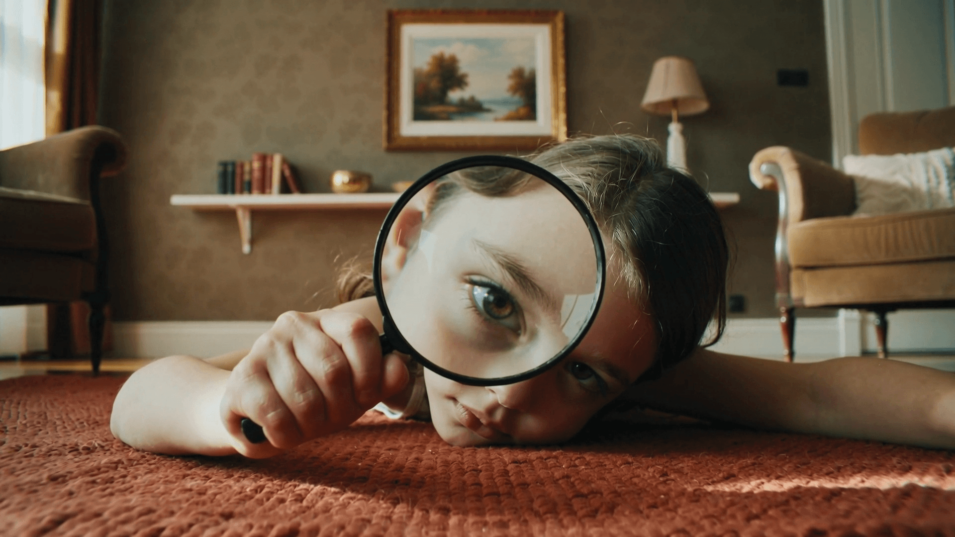 Warm interior tungsten at 3200 K soft practical lamps low contrast with cozy falloff and visible texture in shadows. In a modest slightly retro living room a quirky young girl lies flat on a red textured carpet her arm stretched toward the camera. She holds a **magnifying glass** in front of her face which enlarges and gently distorts one eye and cheek. Her expression is curious thoughtful slightly deadpan — playful without performing. The frame is **highly centered and symmetrical** with carefully arranged background details: a small framed landscape painting on the wall a simple shelf muted wallpaper and tidy domestic objects. Everything feels intentionally placed storybook-like and still. From the first frame the **camera begins a slow deliberate dolly-in** moving straight toward her face and the magnifying glass. As the camera advances the distortion grows subtly stronger filling more of the frame while her real face remains calm and steady behind it. The movement is precise mechanical and gentle — never handheld — evoking a curated whimsical tone. The magnifying glass catches warm reflections from the room’s light adding small flares and soft bloom. Her fingers shift slightly on the handle a tiny human imperfection against the rigid symmetry. The world feels quiet intimate and oddly magical as if time has slowed to observe a small meaningful moment