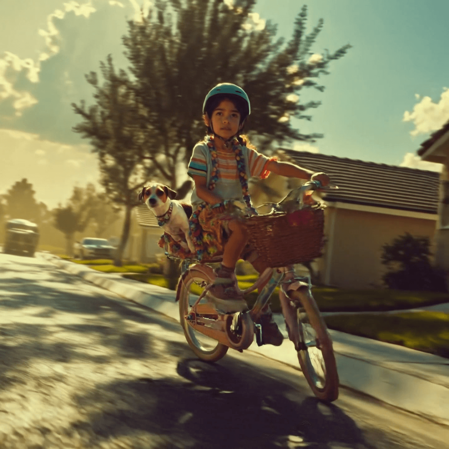 a cinematic image of a little girl riding a bicycle down a suburban street, wearing colorful clothes,, a green helmet, and bright beaded jewelry, with a cute jack russel sitting in a wicker basket at the front of the bike, golden afternoon sunlight casting warm tones, soft motion blur for speed, suburban houses in the background, nostalgic 1980s family film atmosphere, expressive and playful mood, shallow depth of field, natural soft lighting, photorealistic fine art cinematography, evokes childhood joy and adventure, ultra-detailed, cinematic storytelling composition. Camera Tracking her as she rides