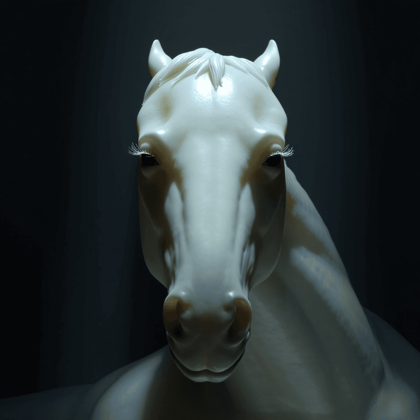 A surreal unsettling white plastic horse-like creature with exaggerated sculpted features long rigid snout half-closed drooping eyelids with thick lashes and glossy uncanny-valley toy texture. The scene is dimly lit with a faint spotlight leaving most of the background in darkness. Slow almost imperceptible camera push-in. The horse barely moves except for tiny twitches in the eyes and subtle breathing motions. It leans its head forward unnaturally shadow swallowing half of its face and whispers in a chilling soft British accent: “Reality tastes like sideways rainbows…” The whisper is airy sinister almost too close with subtle reverb. Add slight flicker in the lighting eerie stillness and high-detail horror-surreal rendering