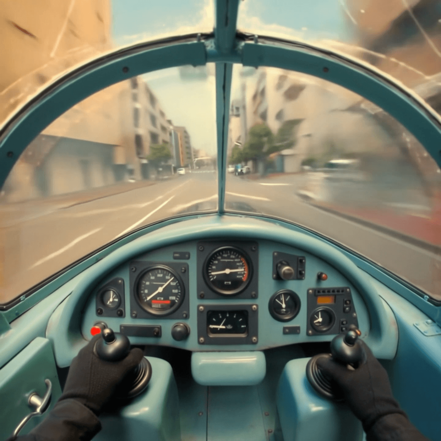 A retro-futuristic bubble-cockpit car speeds through a Japanese city street at high velocity. The camera is placed inside the cockpit showing the driver’s gloved hands gripping two joystick-style controls and a full dashboard of analog gauges dials and retro avionics. The wide curved windshield reveals the road rushing forward with soft motion blur on the buildings outside. The lighting is soft and muted with overcast cinematic tones teal-blue highlights gentle warm shadows and a 1970s-futurist color palette. The style should match muted filmic retro-future visuals: clean analog textures smooth rounded geometry pastel materials and subtle film grain. The video should feel cinematic and controlled with natural camera shake and fast movement outside the cockpit. Shot in 1:1 aspect ratio. Avoid cartoon looks avoid oversaturated colors avoid modern digital interfaces avoid clutter avoid excessive bloom or harsh contrast avoid sci-fi spaceships and avoid showing any people except for the gloved hands
