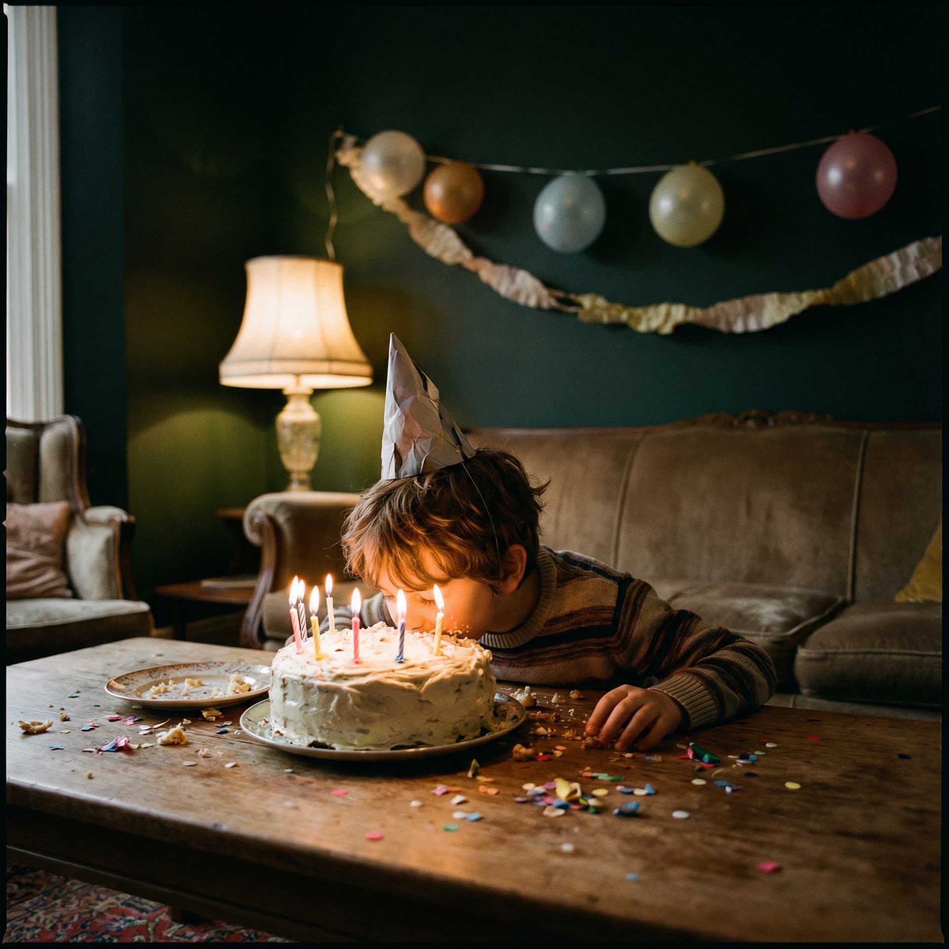surreal dark-humor cinematic medium shot set in a dimly lit living room with dark green walls a young boy slumped face-first into a large frosted birthday cake on a coffee table framed from mid-torso up head gently buried in the icing in a playful non-distressing way shoulders and upper arms visible birthday candles still standing upright and lit wax slowly dripping flames steady and warm the contrast between celebration and quiet overwhelm creating an ironic cinematic mood the boy wearing a slightly crooked cone-shaped party hat confetti and cake crumbs scattered across the table one small hand resting limply near the cake edge subtle birthday decorations in the background—a few deflated balloons a loosely hanging paper garland and a partially visible birthday banner—softly out of focus against the dark green walls cozy domestic elements like a sofa and lamp blending into shadow low-key cinematic lighting with a warm practical lamp and gentle fill deep shadows and controlled highlights sculpting the subject rich textures in frosting candle wax fabric and wood restrained color palette dominated by dark greens and warm ambers shallow depth of field subtle film grain frozen moment of anticlimax and darkly playful humor photorealistic cinematic stillness no text no graphics no watermark