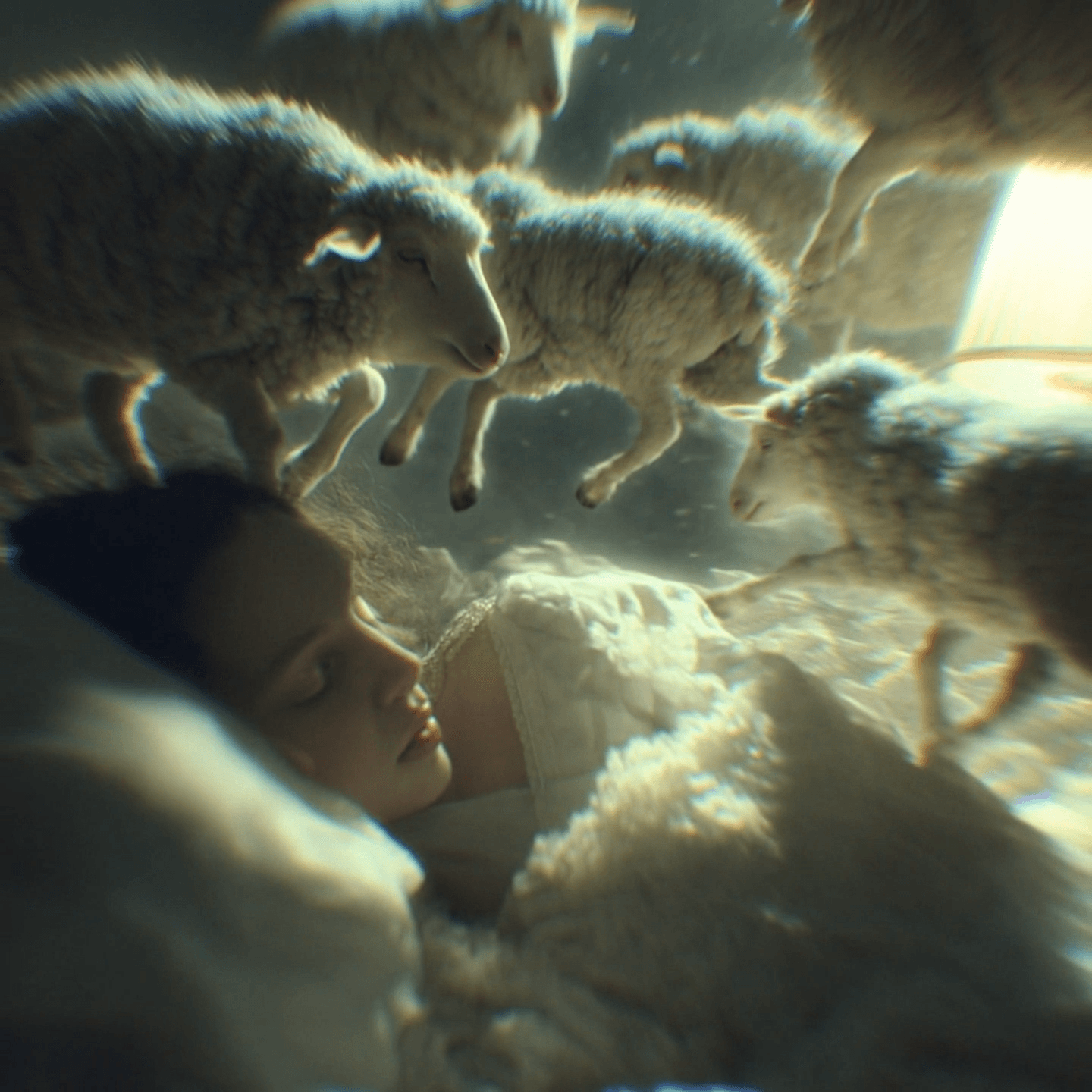 realistic sleeping child on pillow nighttime bedroom seven realistic sheep floating above the head inside a soft translucent dream cloud gentle motion subtle blur trails cinematic moody lighting calm color palette extremely detailed sheep fur and faces peaceful bedtime atmosphere magical realism photoreal soft volumetric glow. the sheeps are hovering above her head