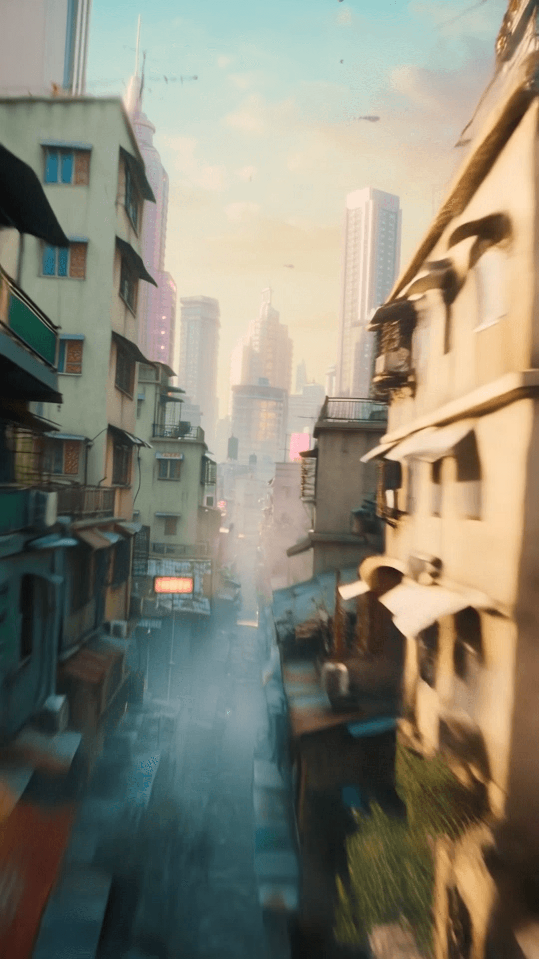 A highly cinematic 9:16 drone-style fly-through of a dense futuristic–retro Chinese cityscape. Muted pastel colors soft teal and beige tones diffused midday lighting with gentle haze. The city is packed with retro tiled buildings weathered concrete neon Chinese signs stacked balconies rooftop additions rusted water tanks pastel cyberpunk towers and narrow vertical alleys. The camera moves like a small agile drone — not on a straight path. It banks slightly as it turns corners dips downward into an alley rises between tall buildings gently curves left and right and weaves organically through the environment. Smooth but dynamic FPV-style motion with subtle micro-vibrations and natural momentum. As the drone passes balconies and signage the parallax shifts richly. Neon lights flicker softly. Steam vents and floating dust catch the light. The atmosphere is dreamy muted cinematic with soft bloom and painterly realism. Color palette: pastel teal warm beige pale pink patina green desaturated yellow. Lighting: soft hazy filmic low contrast. Visual style: hyper-real yet painterly like the uploaded image — same softness same muted tones same cinematic mood.