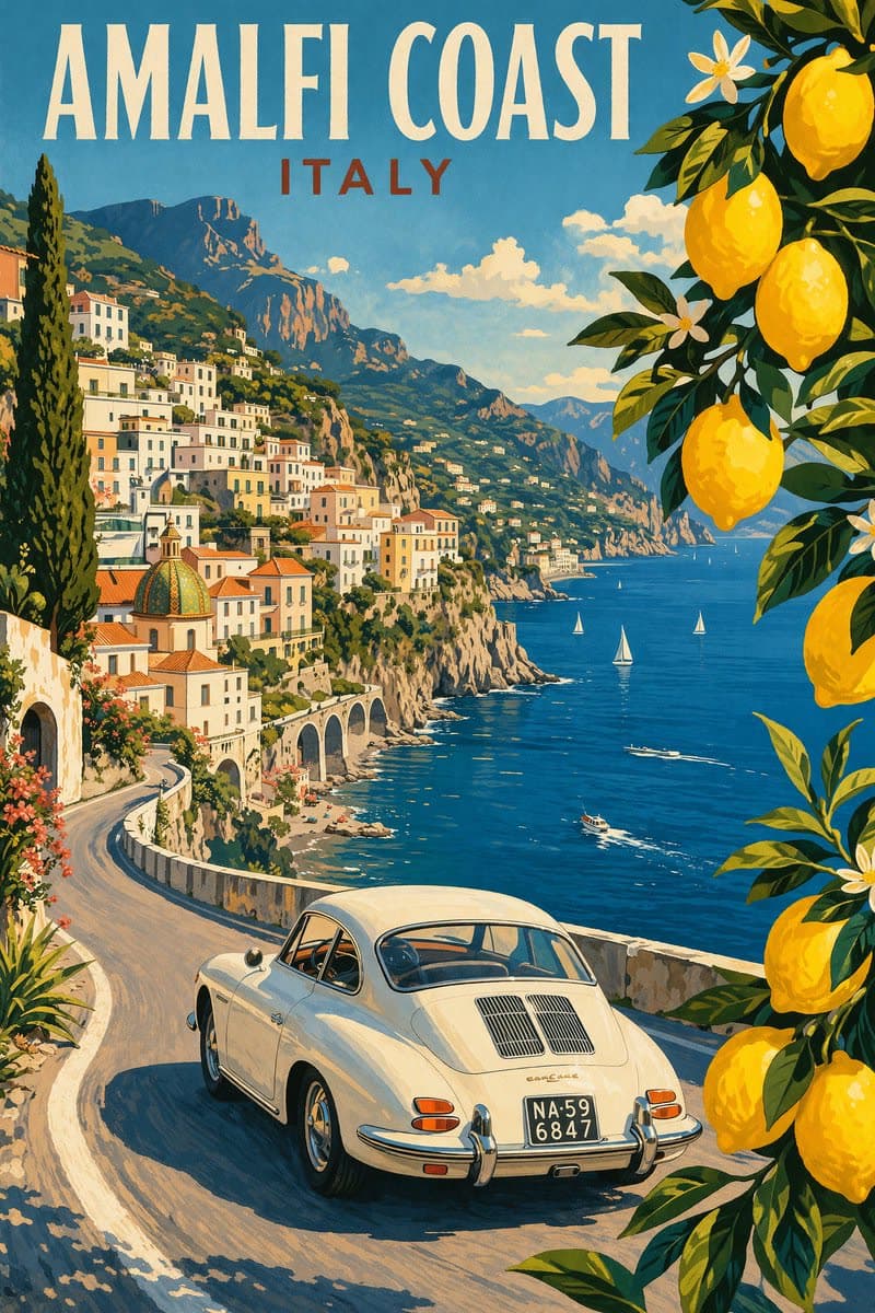Vintage Amalfi Coast travel poster — a classic white coupe on a winding coastal road with pastel villages, lemon branches, and crisp engraved-style typography.