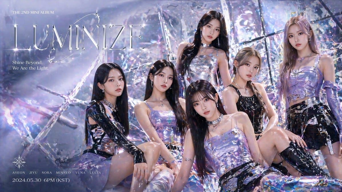 K-pop mini-album cover "LUMINIZE" — six members posed against a crystalline mirrored set in iridescent metallic wardrobe, with romanized member credits and bilingual typography.