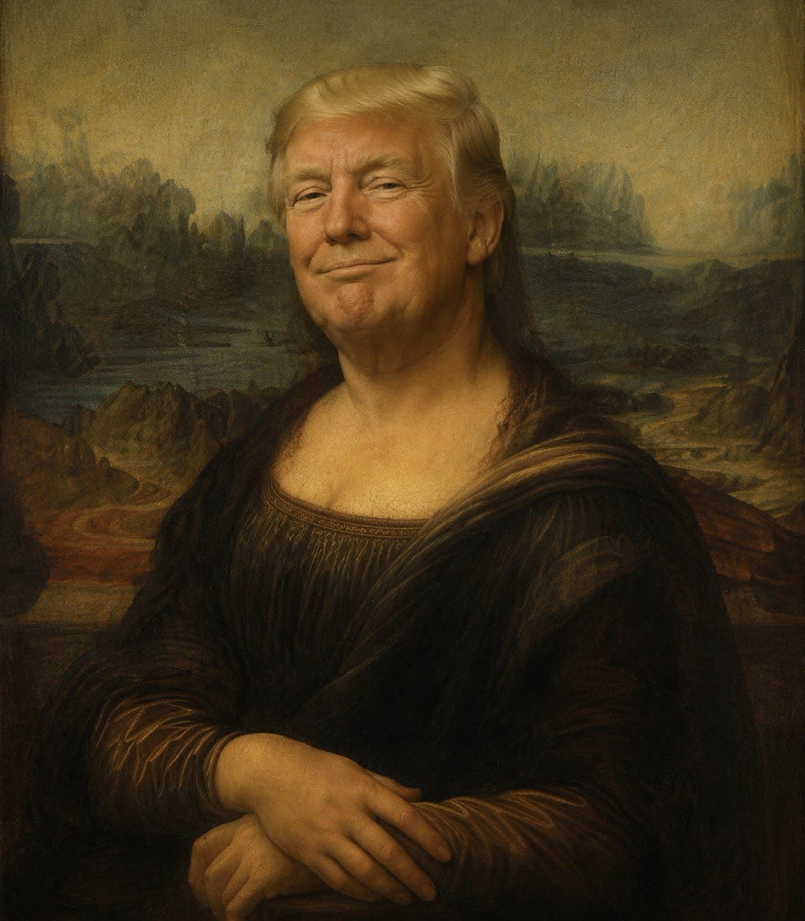 Mona Lisa parody with a swapped portrait of Donald Trump over the classical Leonardo background — demonstrates face-swap fidelity and painterly style transfer.